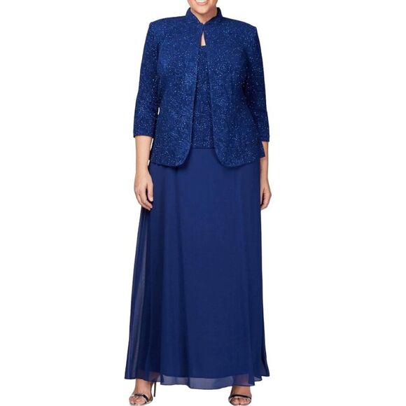 Alex Evenings Plus Size 18W Cobalt Blue Glitter Jacquard Jacket Dress